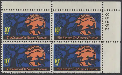 USA Michel 1158 / Scott 1548 postfrisch PLATEBLOCK ECKRAND oben rechts m/ Platten-# 35652 - Amerikanische Folklore: Legend of Sleepy Hollow 