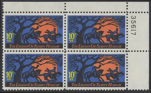 USA Michel 1158 / Scott 1548 postfrisch PLATEBLOCK ECKRAND oben rechts m/ Platten-# 35617 (b) - Amerikanische Folklore: Legend of Sleepy Hollow 