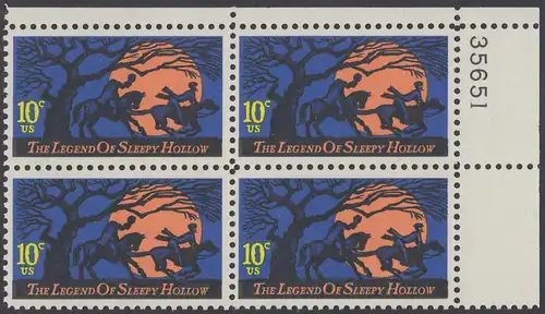 USA Michel 1158 / Scott 1548 postfrisch PLATEBLOCK ECKRAND oben rechts m/ Platten-# 35651 - Amerikanische Folklore: Legend of Sleepy Hollow 