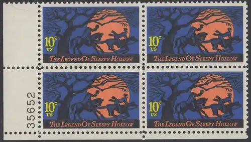 USA Michel 1158 / Scott 1548 postfrisch PLATEBLOCK ECKRAND unten links m/ Platten-# 35652 (b) - Amerikanische Folklore: Legend of Sleepy Hollow 