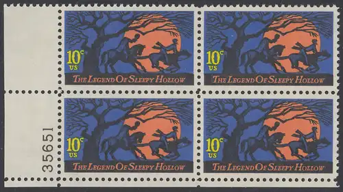 USA Michel 1158 / Scott 1548 postfrisch PLATEBLOCK ECKRAND unten links m/ Platten-# 35651 (b) - Amerikanische Folklore: Legend of Sleepy Hollow 