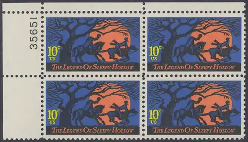 USA Michel 1158 / Scott 1548 postfrisch PLATEBLOCK ECKRAND oben links m/ Platten-# 35651 - Amerikanische Folklore: Legend of Sleepy Hollow 