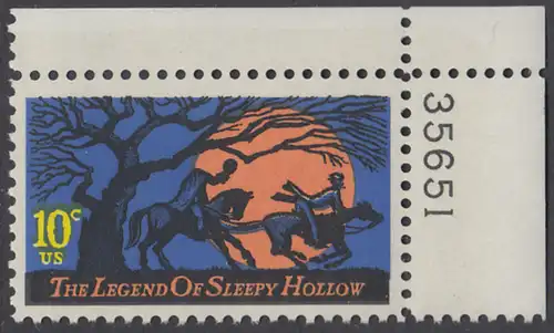 USA Michel 1158 / Scott 1548 postfrisch EINZELMARKE ECKRAND oben rechts m/ Platten-# 35651 - Amerikanische Folklore: Legend of Sleepy Hollow 