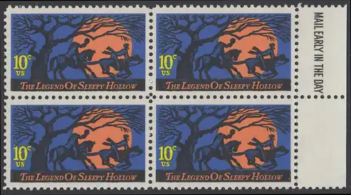 USA Michel 1158 / Scott 1548 postfrisch BLOCK ECKRAND oben rechts m/ Mail Early.Vermerk - Amerikanische Folklore: Legend of Sleepy Hollow 