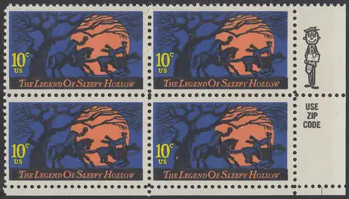 USA Michel 1158 / Scott 1548 postfrisch ZIP-BLOCK (lr) - Amerikanische Folklore: Legend of Sleepy Hollow 