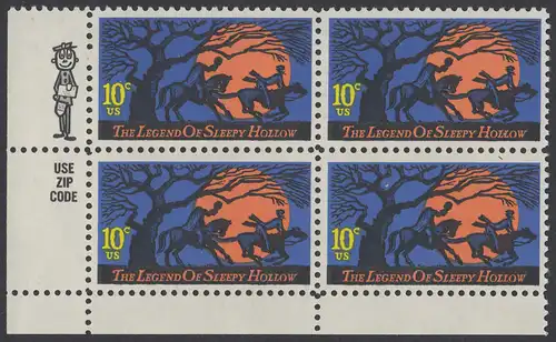 USA Michel 1158 / Scott 1548 postfrisch ZIP-BLOCK (ll) - Amerikanische Folklore: Legend of Sleepy Hollow 