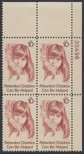 USA Michel 1159 / Scott 1549 postfrisch PLATEBLOCK ECKRAND oben rechts m/ Platten-# 35496 - Hilfe für behinderte Kinder