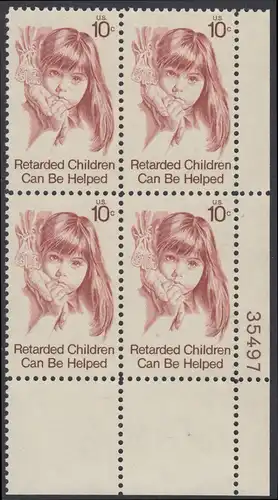 USA Michel 1159 / Scott 1549 postfrisch PLATEBLOCK ECKRAND unten rechts m/ Platten-# 35497 - Hilfe für behinderte Kinder