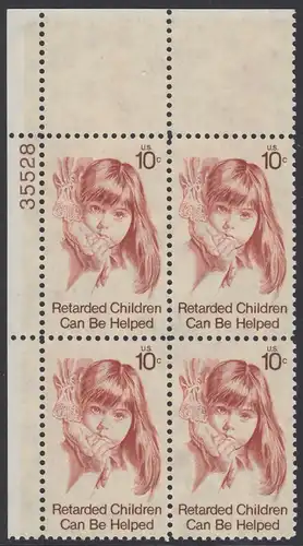 USA Michel 1159 / Scott 1549 postfrisch PLATEBLOCK ECKRAND oben links m/ Platten-# 35528 - Hilfe für behinderte Kinder