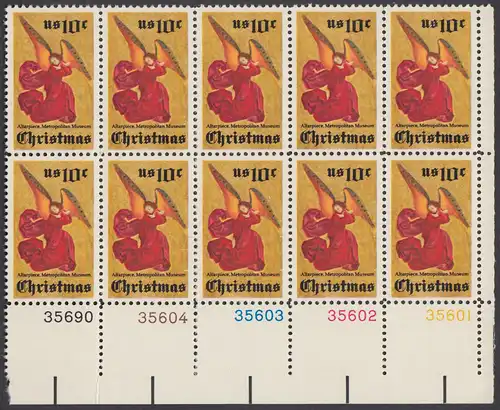 USA Michel 1160 / Scott 1550 postfrisch horiz.PLATEBLOCK(10) RÄNDER unten - Weihnachten; Engel, Altarbild eines unbekannten französischen Meisters
