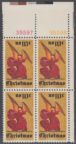 USA Michel 1160 / Scott 1550 postfrisch BLOCK ECKRAND oben rechts m/ Platten-# 35596 - Weihnachten; Engel, Altarbild eines unbekannten französischen Meisters