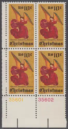 USA Michel 1160 / Scott 1550 postfrisch BLOCK ECKRAND unten links m/ Platten-# 35601 - Weihnachten; Engel, Altarbild eines unbekannten französischen Meisters