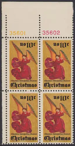 USA Michel 1160 / Scott 1550 postfrisch BLOCK ECKRAND oben links m/ Platten-# 35601 - Weihnachten; Engel, Altarbild eines unbekannten französischen Meisters