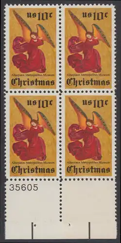 USA Michel 1160 / Scott 1550 postfrisch BLOCK RÄNDER unten m/ Platten-# 36605 - Weihnachten; Engel, Altarbild eines unbekannten französischen Meisters