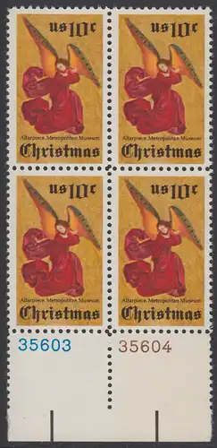 USA Michel 1160 / Scott 1550 postfrisch BLOCK RÄNDER unten m/ Platten-# 36603 - Weihnachten; Engel, Altarbild eines unbekannten französischen Meisters
