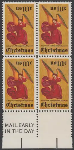 USA Michel 1160 / Scott 1550 postfrisch BLOCK RÄNDER unten m/ Mail Early-Vermerk (l) - Weihnachten; Engel, Altarbild eines unbekannten französischen Meisters