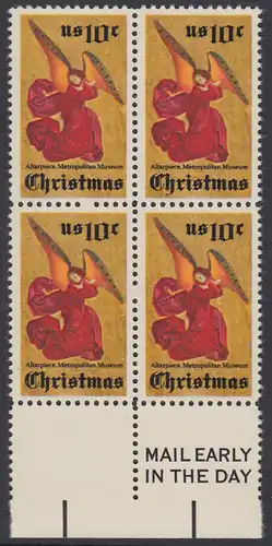 USA Michel 1160 / Scott 1550 postfrisch BLOCK RÄNDER unten m/ Mail Early-Vermerk (r) - Weihnachten; Engel, Altarbild eines unbekannten französischen Meisters