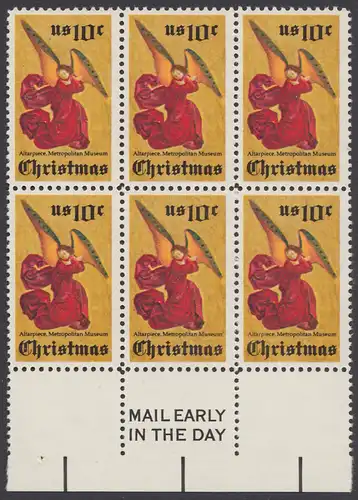 USA Michel 1160 / Scott 1550 postfrisch horiz.BLOCK(6) RÄNDER unten m/ Mail Early-Vermerk (r) - Weihnachten; Engel, Altarbild eines unbekannten französischen Meisters