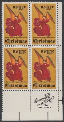 USA Michel 1160 / Scott 1550 postfrisch ZIP-BLOCK (lr) - Weihnachten; Engel, Altarbild eines unbekannten französischen Meisters