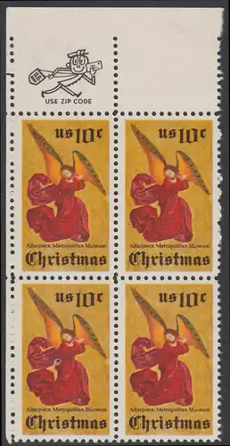 USA Michel 1160 / Scott 1550 postfrisch ZIP-BLOCK (ul) - Weihnachten; Engel, Altarbild eines unbekannten französischen Meisters