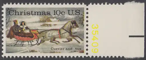 USA Michel 1161 / Scott 1551 postfrisch EINZELMARKE RAND rechts m/ Platten-# 35409 - Weihnachten; Schlittenfahrt; Zeichnung von Otto Knirsch