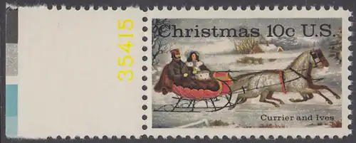 USA Michel 1161 / Scott 1551 postfrisch EINZELMARKE RAND links m/ Platten-# 35415 - Weihnachten; Schlittenfahrt; Zeichnung von Otto Knirsch