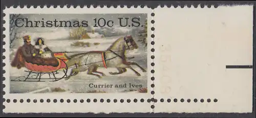 USA Michel 1161 / Scott 1551 postfrisch EINZELMARKE ECKRAND unten rechts m/ Platten-# 35408 - Weihnachten; Schlittenfahrt; Zeichnung von Otto Knirsch