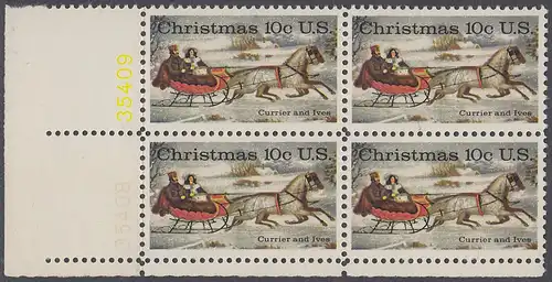 USA Michel 1161 / Scott 1551 postfrisch BLOCK ECKRAND unten links m/ Platten-# 35408 - Weihnachten; Schlittenfahrt; Zeichnung von Otto Knirsch