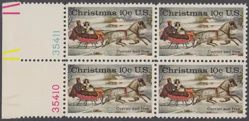 USA Michel 1161 / Scott 1551 postfrisch BLOCK RÄNDER links m/ Platten-# 35410 - Weihnachten; Schlittenfahrt; Zeichnung von Otto Knirsch