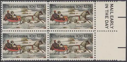 USA Michel 1161 / Scott 1551 postfrisch BLOCK RÄNDER rechts m/ Mail Early-Vermerk - Weihnachten; Schlittenfahrt; Zeichnung von Otto Knirsch