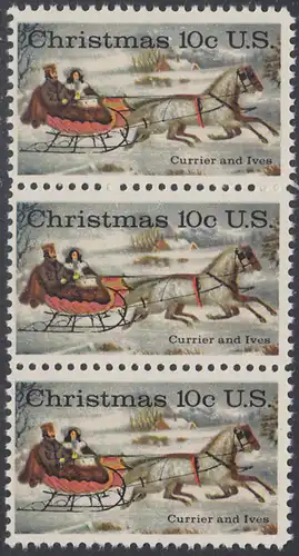 USA Michel 1161 / Scott 1551 postfrisch vert.STRIP(3) - Weihnachten; Schlittenfahrt; Zeichnung von Otto Knirsch
