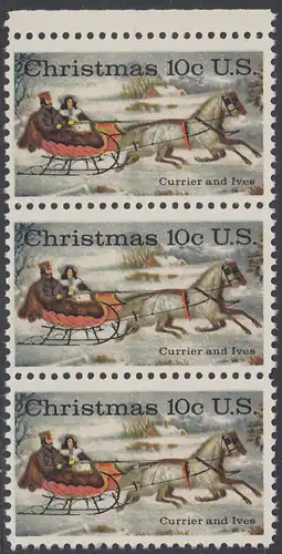USA Michel 1161 / Scott 1551 postfrisch vert.STRIP(3) RAND oben - Weihnachten; Schlittenfahrt; Zeichnung von Otto Knirsch