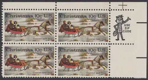USA Michel 1161 / Scott 1551 postfrisch ZIP-BLOCK (ur) - Weihnachten; Schlittenfahrt; Zeichnung von Otto Knirsch