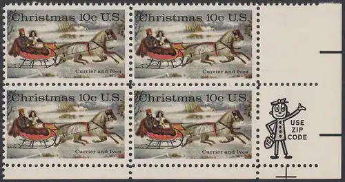 USA Michel 1161 / Scott 1551 postfrisch ZIP-BLOCK (lr) - Weihnachten; Schlittenfahrt; Zeichnung von Otto Knirsch