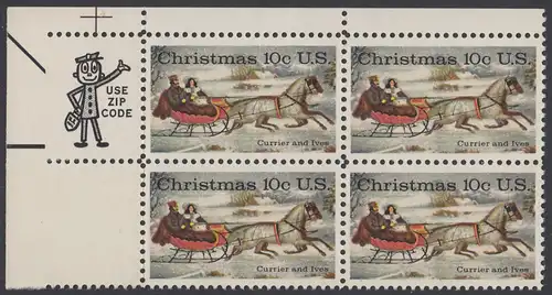 USA Michel 1161 / Scott 1551 postfrisch ZIP-BLOCK (ul) - Weihnachten; Schlittenfahrt; Zeichnung von Otto Knirsch