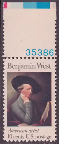 USA Michel 1163 / Scott 1553 postfrisch EINZELMARKE RAND oben m/ Platten-# 35386 - Amerikanische Künstler: Benjamin West, Maler