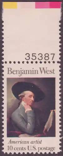 USA Michel 1163 / Scott 1553 postfrisch EINZELMARKE RAND oben m/ Platten-# 35387 - Amerikanische Künstler: Benjamin West, Maler