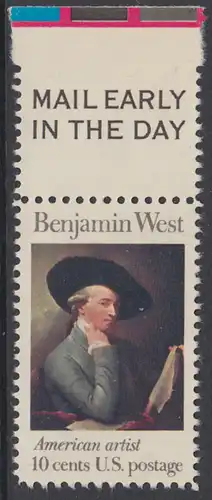 USA Michel 1163 / Scott 1553 postfrisch EINZELMARKE RAND oben m/ Mail Early Vermerk - Amerikanische Künstler: Benjamin West, Maler