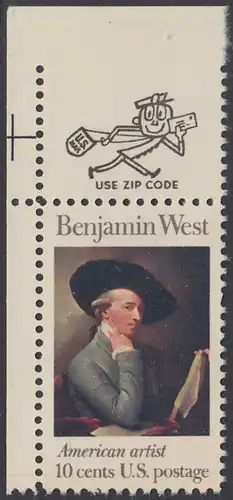 USA Michel 1163 / Scott 1553 postfrisch EINZELMARKE ECKRAND oben links m/ ZIP-Emblem - Amerikanische Künstler: Benjamin West, Maler