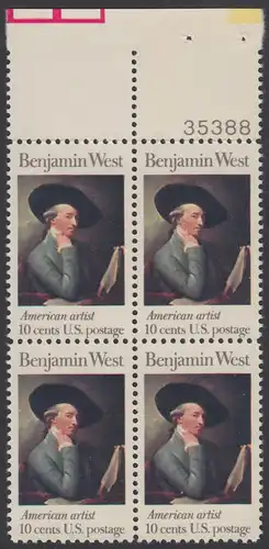 USA Michel 1163 / Scott 1553 postfrisch BLOCK RÄNDER oben m/ Platten-# 35388 - Amerikanische Künstler: Benjamin West, Maler
