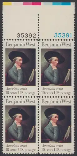 USA Michel 1163 / Scott 1553 postfrisch BLOCK RÄNDER oben m/ Platten-# 35391 - Amerikanische Künstler: Benjamin West, Maler