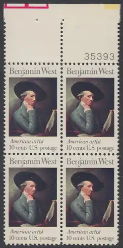 USA Michel 1163 / Scott 1553 postfrisch BLOCK RÄNDER oben m/ Platten-# 35393 - Amerikanische Künstler: Benjamin West, Maler