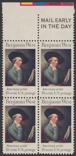 USA Michel 1163 / Scott 1553 postfrisch BLOCK RÄNDER oben m/ Mail Early-Vermerk - Amerikanische Künstler: Benjamin West, Maler