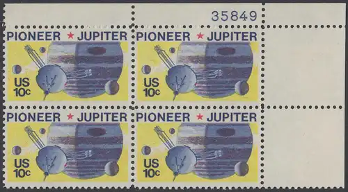 USA Michel 1164 / Scott 1556 postfrisch PLATEBLOCK ECKRAND oben rechts m/ Platten-# 35849 - Pioneer-Programm zur Erforschung des Planeten Jupiter; Raumsonde Pioneer, Planet Jupiter mit Monden