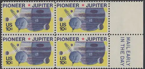 USA Michel 1164 / Scott 1556 postfrisch BLOCK RÄNDER rechts m/ Mail Early-Vermerk - Pioneer-Programm zur Erforschung des Planeten Jupiter; Raumsonde Pioneer, Planet Jupiter mit Monden