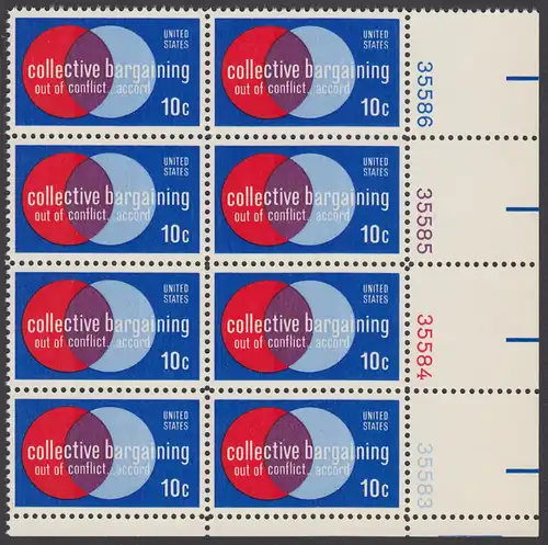 USA Michel 1165 / Scott 1558 postfrisch vert.PLATEBLOCK(8) ECKRAND unten rechts m/ Platten-# 35583 - Partnerschaftliche Verhandlungen zwischen Arbeitnehmern und Arbeitgebern; Symbolik der Zusammenarbeit  