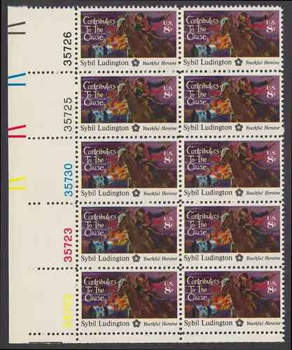 USA Michel 1166 / Scott 1559 postfrisch vert.PLATEBLOCK(10) ECKRAND unten links m/ Platten-# 35722 - 200 Jahre Unabhängigkeit der Vereinigten Staaten von Amerika (1976): Sybil Ludington (1761-1839)