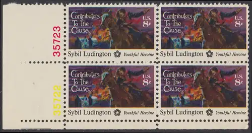 USA Michel 1166 / Scott 1559 postfrisch BLOCK ECKRAND unten links m/ Platten-# 35722 - 200 Jahre Unabhängigkeit der Vereinigten Staaten von Amerika (1976): Sybil Ludington (1761-1839)