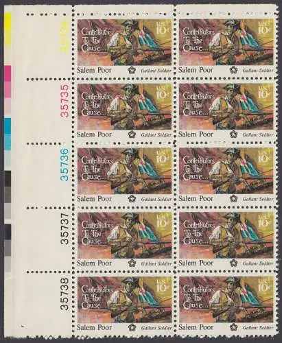 USA Michel 1167 / Scott 1560 postfrisch vert.PLATEBLOCK(10) ECKRAND oben links m/ Platten-# 35734 - 200 Jahre Unabhängigkeit der Vereinigten Staaten von Amerika (1976): Salem Poor (1747-1802) 