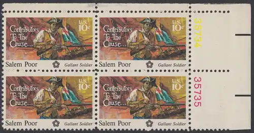 USA Michel 1167 / Scott 1560 postfrisch BLOCK ECKRAND oben rechts m/ Platten-# 35734 - 200 Jahre Unabhängigkeit der Vereinigten Staaten von Amerika (1976): Salem Poor (1747-1802) 